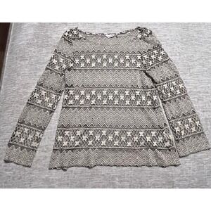 True‎ Grit Lace Knit Long Sleeve Top Women's M Boho Sheer Crochet Cream Brown